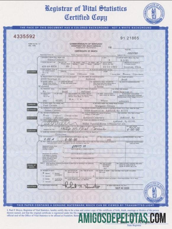 Realista modelo de certidão de óbito do estado de Kentucky nos EUA em formato PSD